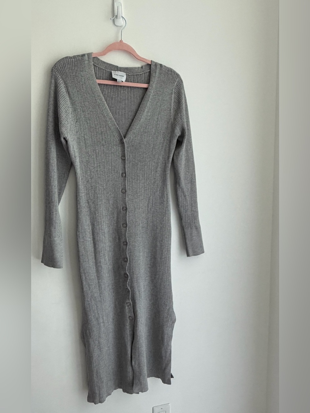 Pink Rose Rib-Knit Button-Front Long Sleeve Dress - Gray - Picture 2 of 5